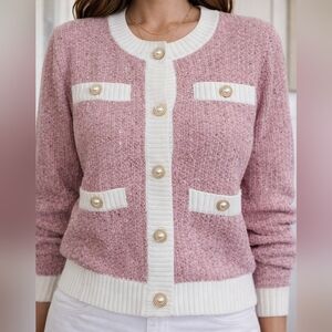 Pink Cardigan Pearl Buttons Feminine Classic Chic
